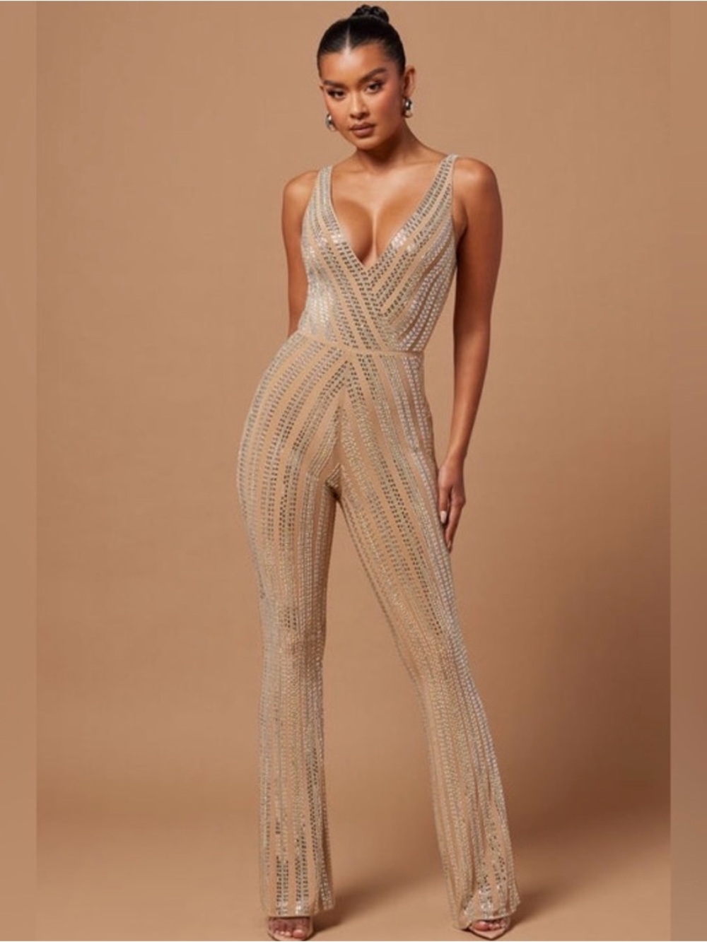Fashion Nova Nude Sequin V-Neck Jumpsuit